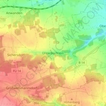 Topografische kaart Unterbüchlein, hoogte, reliëf