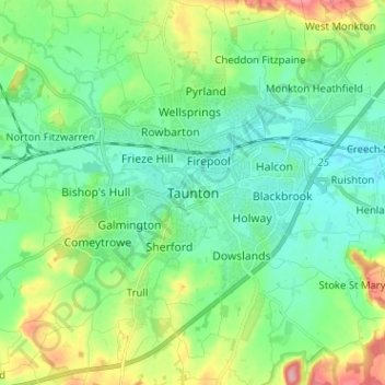 Topografische kaart Taunton, hoogte, reliëf