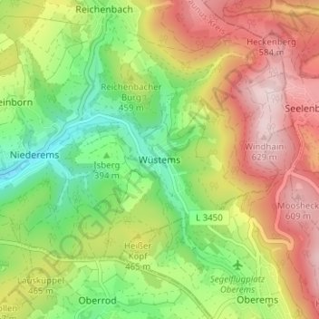 Topografische kaart Wüstems, hoogte, reliëf