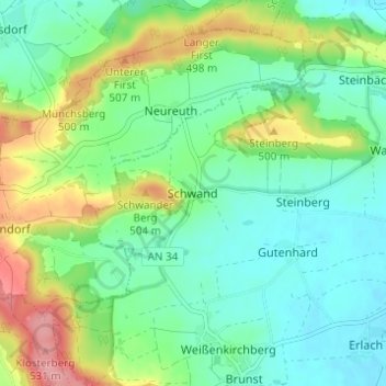Topografische kaart Schwand, hoogte, reliëf