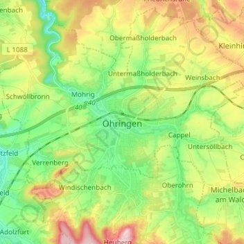Topografische kaart Öhringen, hoogte, reliëf