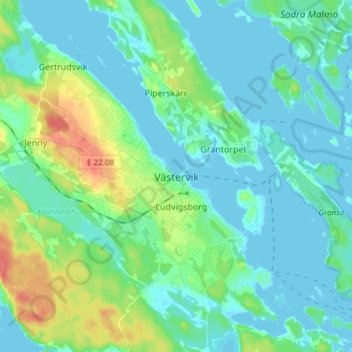Topografische kaart Västervik, hoogte, reliëf