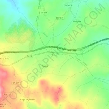 Topografische kaart Granja, hoogte, reliëf