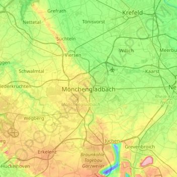 Topografische kaart Mönchengladbach, hoogte, reliëf