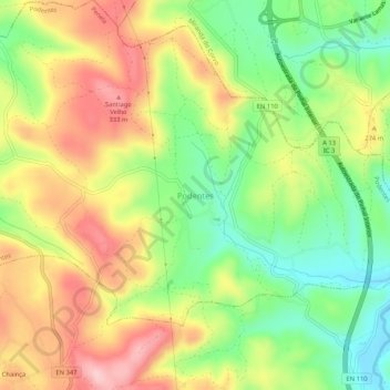 Topografische kaart Podentes, hoogte, reliëf