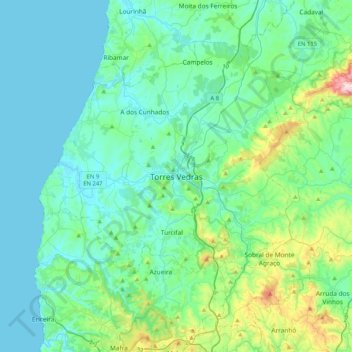 Topografische kaart Torres Vedras, hoogte, reliëf