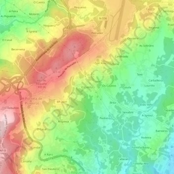 Topografische kaart O Cotiño, hoogte, reliëf