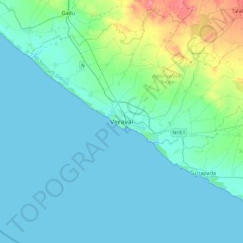 Topografische kaart Veraval, hoogte, reliëf