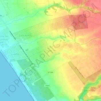 Topografische kaart Lido dei Pini, hoogte, reliëf