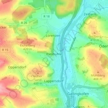 Topografische kaart Pielmühle, hoogte, reliëf