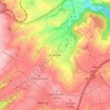 Topografische kaart Alzheim, hoogte, reliëf