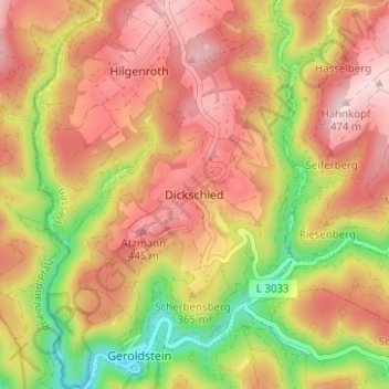 Topografische kaart Dickschied, hoogte, reliëf