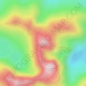 Topografische kaart Beenkeragh, hoogte, reliëf