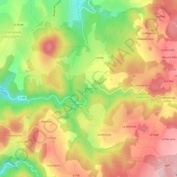 Topografische kaart Boude, hoogte, reliëf