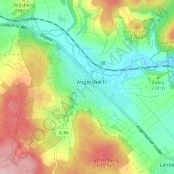 Topografische kaart Angersbach, hoogte, reliëf