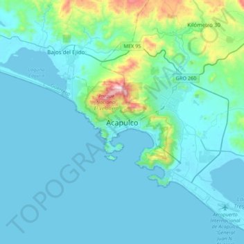 Topografische kaart Acapulco, hoogte, reliëf