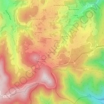 Topografische kaart Les Coreaux, hoogte, reliëf