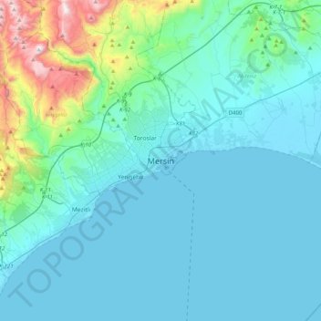 Topografische kaart Mersin, hoogte, reliëf