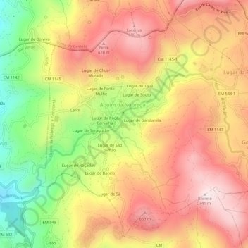 Topografische kaart Lugar de Martinga, hoogte, reliëf
