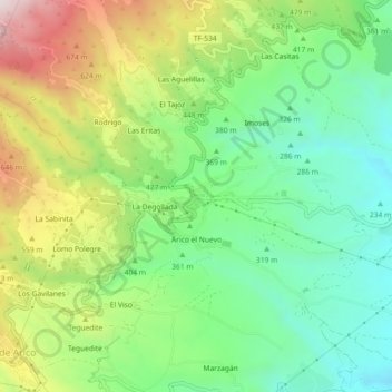 Topografische kaart Arico Viejo, hoogte, reliëf
