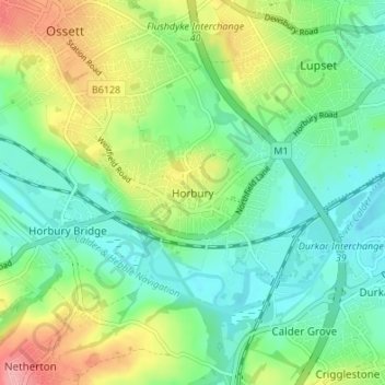Topografische kaart Horbury, hoogte, reliëf