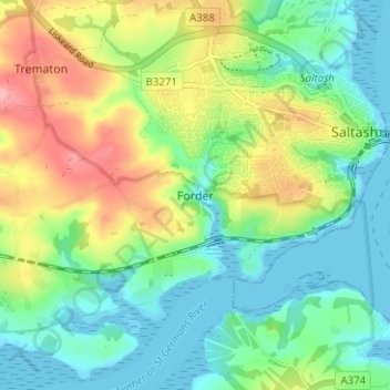 Topografische kaart Forder, hoogte, reliëf