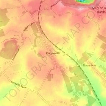 Topografische kaart Bagworth, hoogte, reliëf