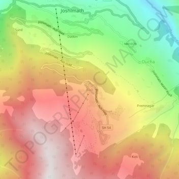 Topografische kaart Auli, hoogte, reliëf