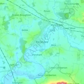 Topografische kaart Pershore, hoogte, reliëf