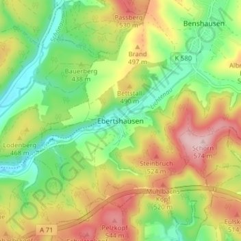 Topografische kaart Ebertshausen, hoogte, reliëf