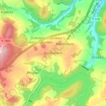 Topografische kaart Großzöbern, hoogte, reliëf