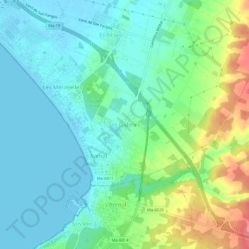 Topografische kaart Ses Cadenes, hoogte, reliëf