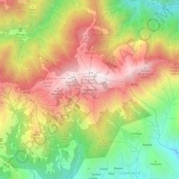 Topografische kaart Bielmonte, hoogte, reliëf