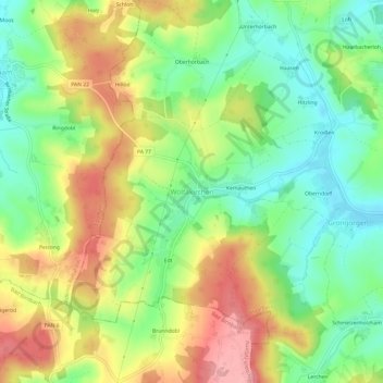 Topografische kaart Wolfakirchen, hoogte, reliëf