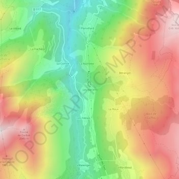 Topografische kaart Les Varcins, hoogte, reliëf