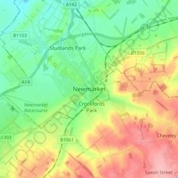 Topografische kaart Newmarket, hoogte, reliëf