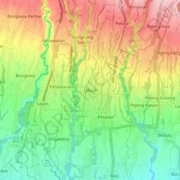 Topografische kaart Ubud, hoogte, reliëf