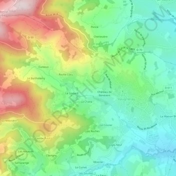 Topografische kaart Le Rousseau, hoogte, reliëf