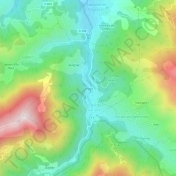 Topografische kaart Ourjout, hoogte, reliëf