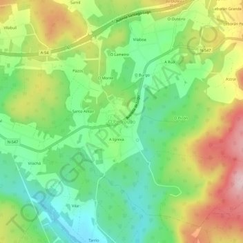 Topografische kaart O Pedrouzo, hoogte, reliëf