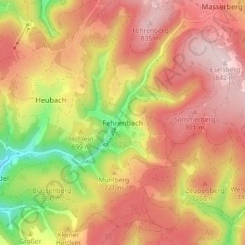 Topografische kaart Fehrenbach, hoogte, reliëf