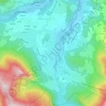 Topografische kaart Unterschönau, hoogte, reliëf