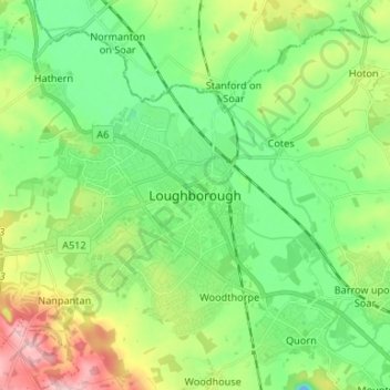 Topografische kaart Loughborough, hoogte, reliëf