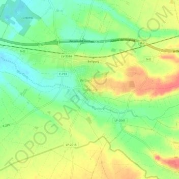 Topografische kaart Bellpuig, hoogte, reliëf