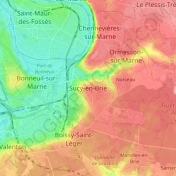 Topografische kaart Sucy-en-Brie, hoogte, reliëf