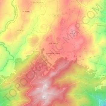 Topografische kaart Antigo de Curros, hoogte, reliëf