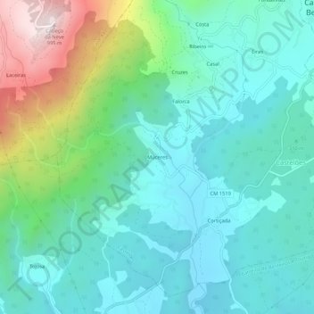 Topografische kaart Múceres, hoogte, reliëf