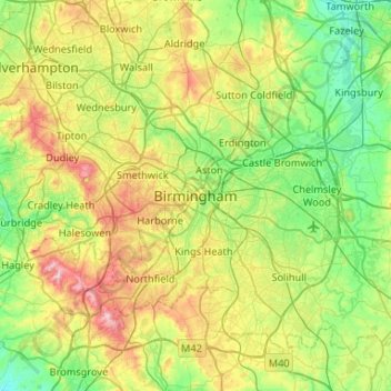 Topografische kaart Birmingham, hoogte, reliëf