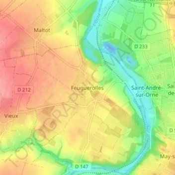 Topografische kaart Feuguerolles, hoogte, reliëf