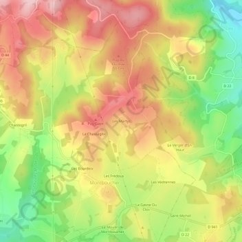 Topografische kaart Les Martys, hoogte, reliëf
